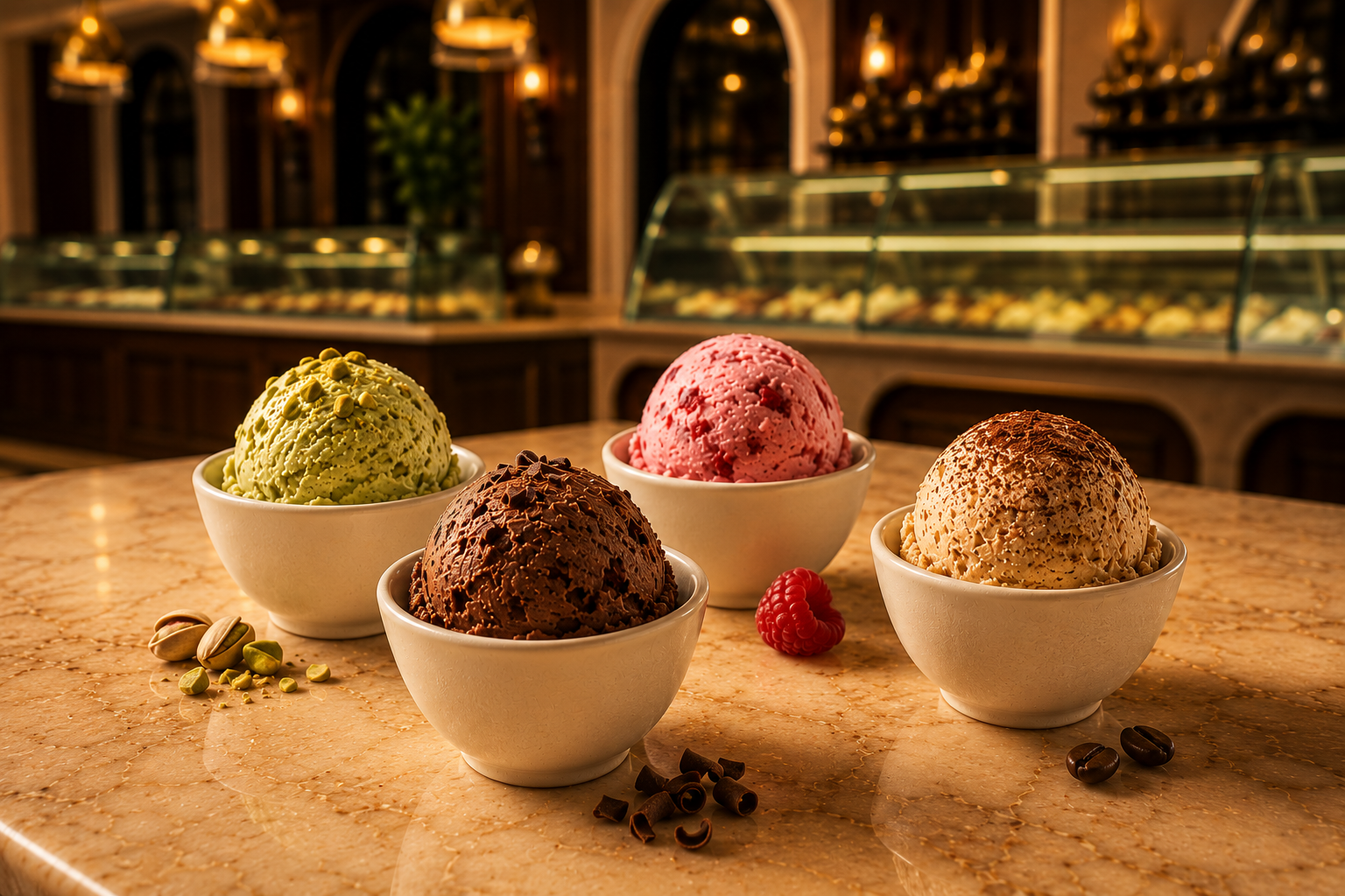 An artisanal gelato tasting on a café table — a moment of quiet attention